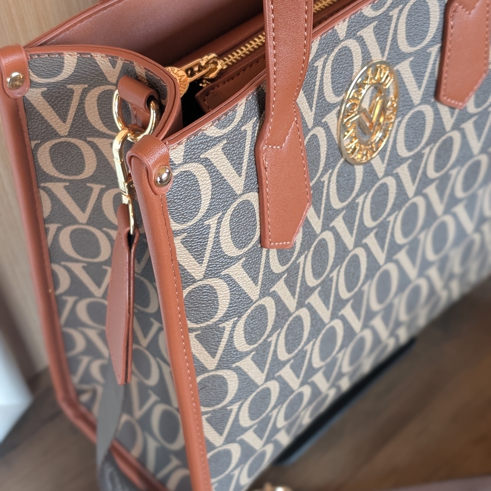 Valentino Orlandi Brown Monogram Tote with Tan Vegan Leather Trim